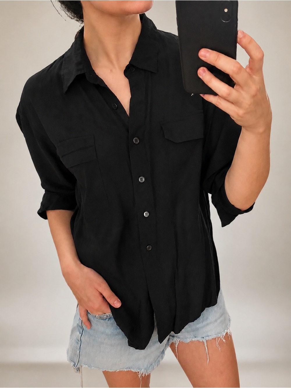 Vintage Joanna Black Silky Relaxed Long Sleeve Button Down Top Shirt Blouse M